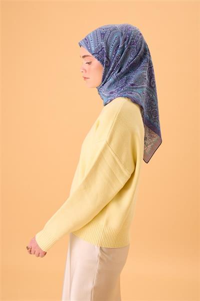 Viskon Karışımlı Velora Eşarp Lila-Bebe Mavi Desenli Dökümlü Yumuşak Dokulu 90x90