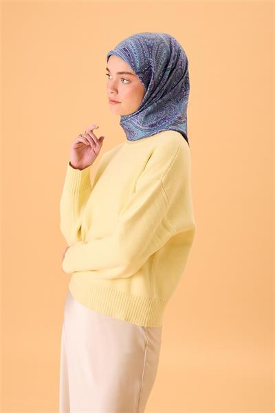 Viskon Karışımlı Velora Eşarp Lila-Bebe Mavi Desenli Dökümlü Yumuşak Dokulu 90x90