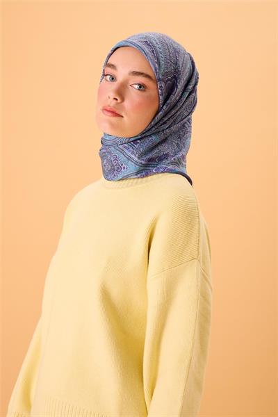 Viskon Karışımlı Velora Eşarp Lila-Bebe Mavi Desenli Dökümlü Yumuşak Dokulu 90x90