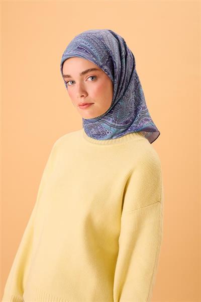 Viskon Karışımlı Velora Eşarp Lila-Bebe Mavi Desenli Dökümlü Yumuşak Dokulu 90x90