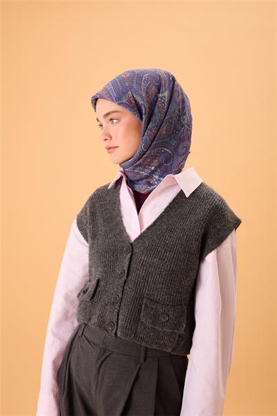Viskon Karışımlı Velora Eşarp Koyu Mor-Kiremit Desenli Dökümlü Yumuşak Dokulu 90x90