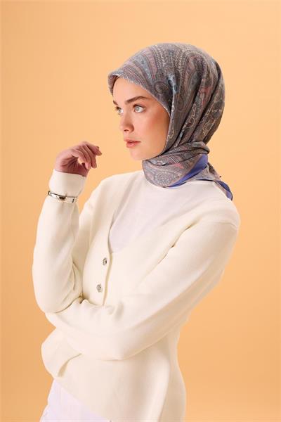 Viskon Karışımlı Velora Eşarp Mavi Lila-Pudra Desenli Dökümlü Yumuşak Dokulu 90x90