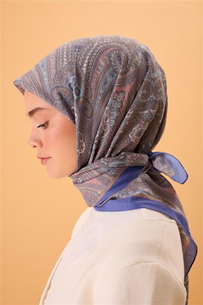 Viskon Karışımlı Velora Eşarp Mavi Lila-Pudra Desenli Dökümlü Yumuşak Dokulu 90x90
