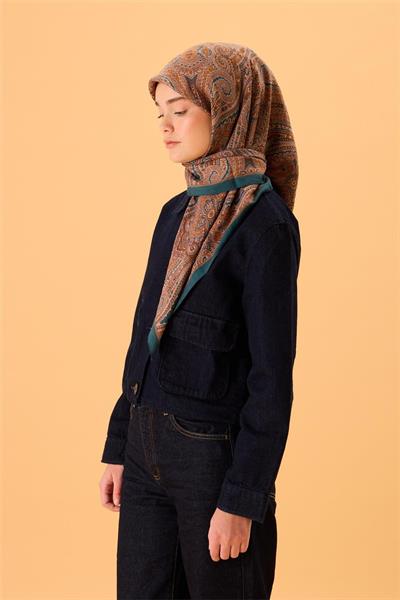 Viskon Karışımlı Velora Eşarp Petrol Yeşili-Soluk Turuncu Desenli Dökümlü Yumuşak Dokulu 90x90