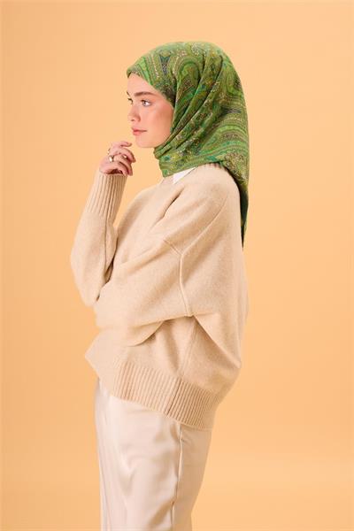 Viskon Karışımlı Velora Eşarp Koyu Yeşil-Fıstık Yeşili Desenli Dökümlü Yumuşak Dokulu 90x90