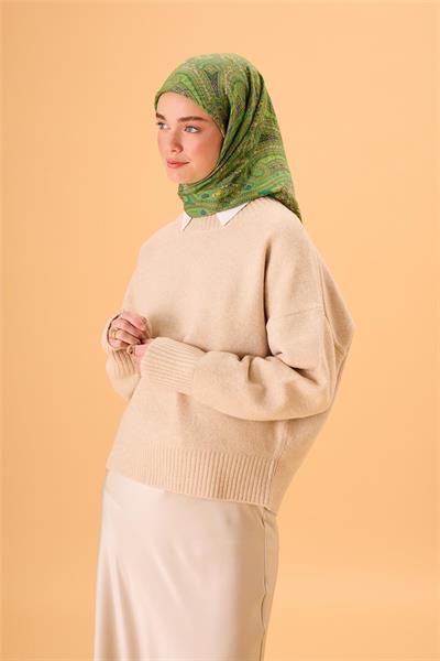 Viskon Karışımlı Velora Eşarp Koyu Yeşil-Fıstık Yeşili Desenli Dökümlü Yumuşak Dokulu 90x90