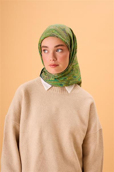 Viskon Karışımlı Velora Eşarp Koyu Yeşil-Fıstık Yeşili Desenli Dökümlü Yumuşak Dokulu 90x90