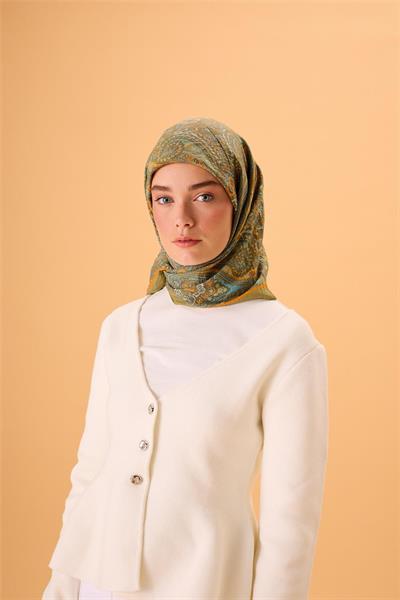 Viskon Karışımlı Velora Eşarp Yeşil-Turuncu Desenli Dökümlü Yumuşak Dokulu 90x90