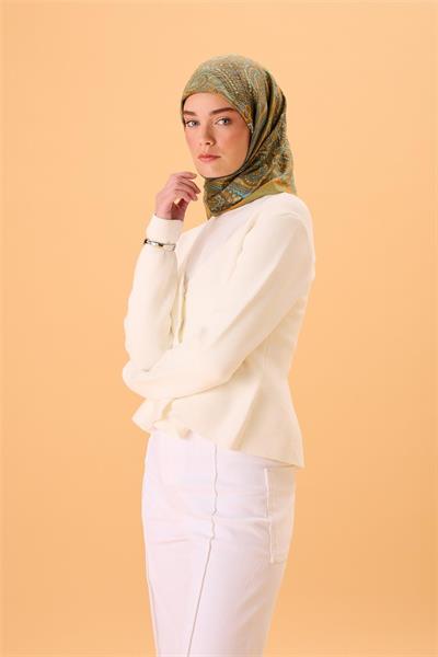 Viskon Karışımlı Velora Eşarp Yeşil-Turuncu Desenli Dökümlü Yumuşak Dokulu 90x90