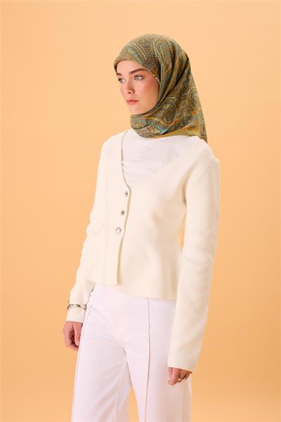 Viskon Karışımlı Velora Eşarp Yeşil-Turuncu Desenli Dökümlü Yumuşak Dokulu 90x90