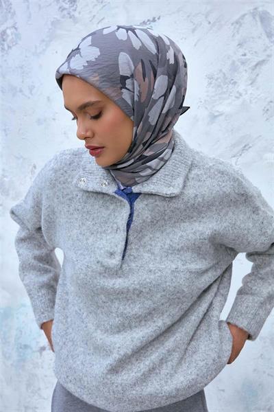 Viskon Karışımlı Velora Eşarp Grafit Gri-Vizon Gümüş Tonlu Desenli Tok Duruşlu 90x90