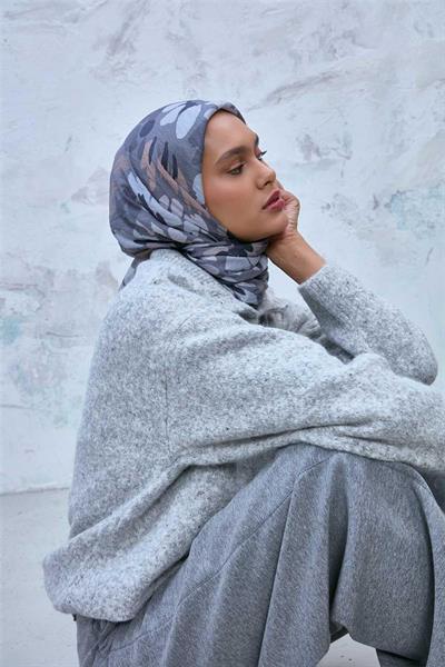 Viskon Karışımlı Velora Eşarp Grafit Gri-Vizon Gümüş Tonlu Desenli Tok Duruşlu 90x90