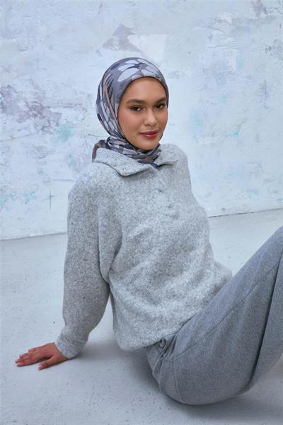 Viskon Karışımlı Velora Eşarp Grafit Gri-Vizon Gümüş Tonlu Desenli Tok Duruşlu 90x90