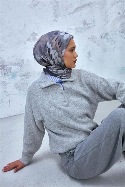 Viskon Karışımlı Velora Eşarp Grafit Gri-Vizon Gümüş Tonlu Desenli Tok Duruşlu 90x90