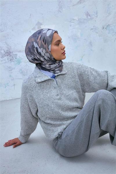 Viskon Karışımlı Velora Eşarp Grafit Gri-Vizon Gümüş Tonlu Desenli Tok Duruşlu 90x90