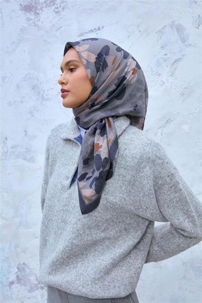 Viskon Karışımlı Velora Eşarp Grafit Gri-Kum Beji Tonlu Desenli Tok Duruşlu 90x90