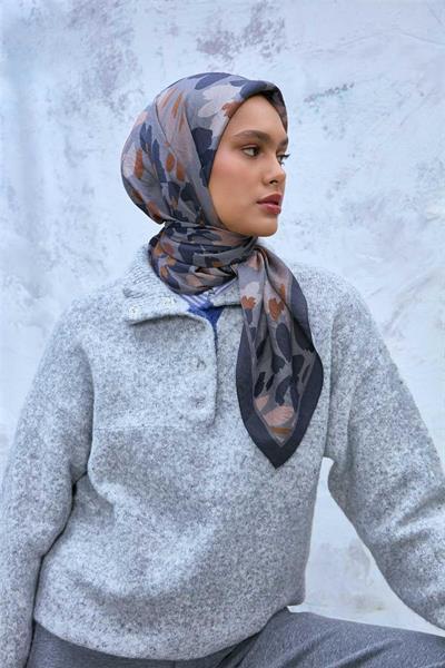 Viskon Karışımlı Velora Eşarp Grafit Gri-Kum Beji Tonlu Desenli Tok Duruşlu 90x90