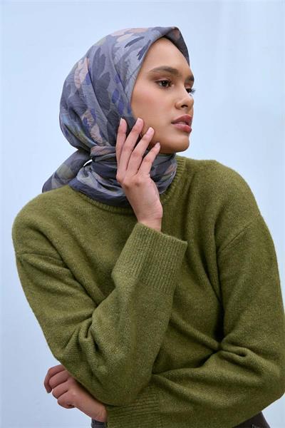 Viskon Karışımlı Velora Eşarp Antrasit-Füme Sisli Yeşil Tonlu Desenli Tok Duruşlu 90x90