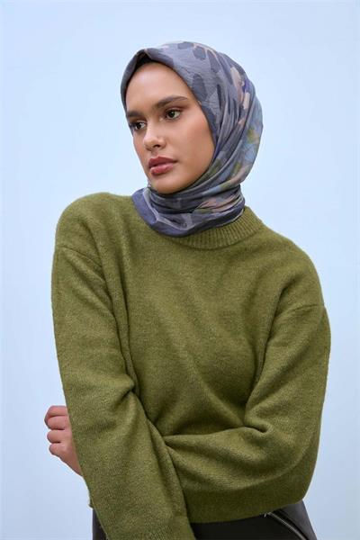 Viskon Karışımlı Velora Eşarp Antrasit-Füme Sisli Yeşil Tonlu Desenli Tok Duruşlu 90x90