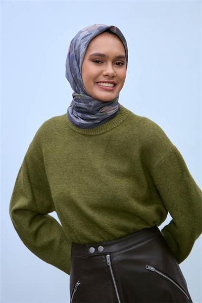 Viskon Karışımlı Velora Eşarp Antrasit-Füme Sisli Yeşil Tonlu Desenli Tok Duruşlu 90x90