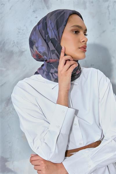 Viskon Velora Karışımlı Eşarp Grafit Gri-Füme Tonlu Desenli Tok Duruşlu 90x90