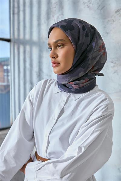 Viskon Velora Karışımlı Eşarp Grafit Gri-Füme Tonlu Desenli Tok Duruşlu 90x90