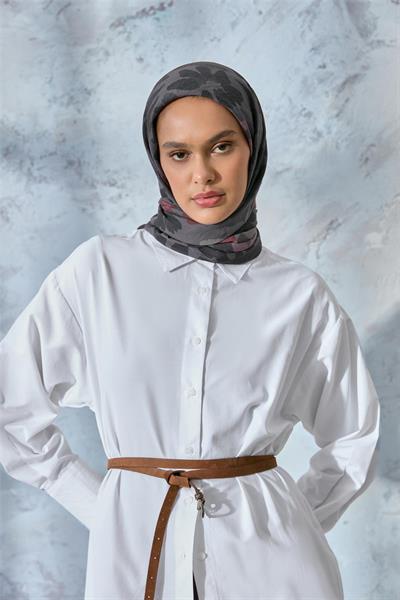 Viskon Velora Karışımlı Eşarp Grafit Gri-Füme Tonlu Desenli Tok Duruşlu 90x90