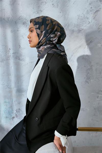 Viskon Velora Karışımlı Eşarp Antrasit-Koyu Lacivert Tonlu Desenli Tok Duruşlu 90x90