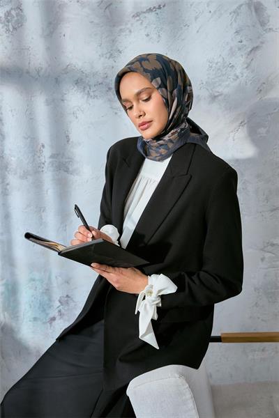 Viskon Velora Karışımlı Eşarp Antrasit-Koyu Lacivert Tonlu Desenli Tok Duruşlu 90x90