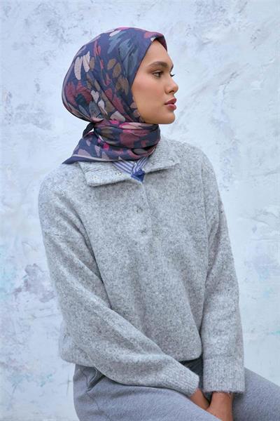 Viskon Velora Karışımlı Eşarp Koyu Lacivert-Bej Tonlu Desenli Tok Duruşlu 90x90