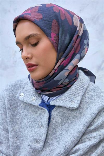 Viskon Velora Karışımlı Eşarp Koyu Lacivert-Bej Tonlu Desenli Tok Duruşlu 90x90