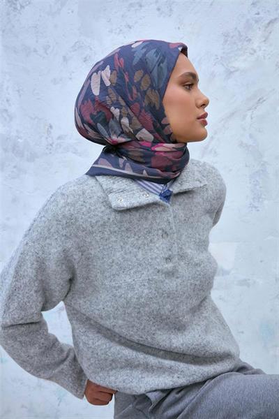 Viskon Velora Karışımlı Eşarp Koyu Lacivert-Bej Tonlu Desenli Tok Duruşlu 90x90