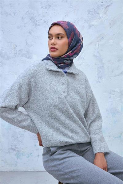 Viskon Velora Karışımlı Eşarp Koyu Lacivert-Bej Tonlu Desenli Tok Duruşlu 90x90