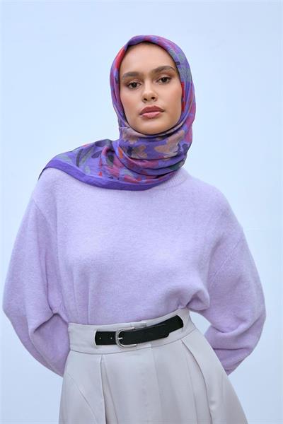 Viskon Velora Karışımlı Eşarp Mor-Turuncu Tonlu Desenli Tok Duruşlu 90x90