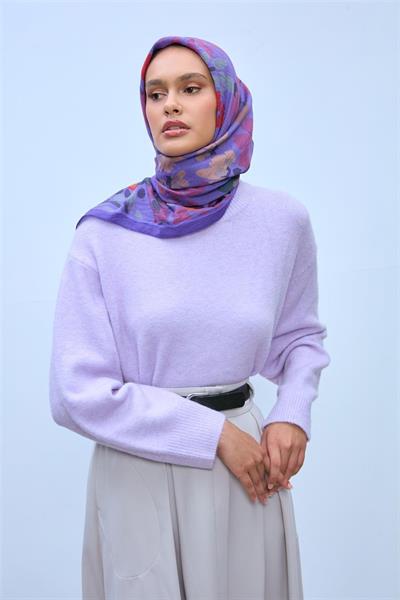 Viskon Velora Karışımlı Eşarp Mor-Turuncu Tonlu Desenli Tok Duruşlu 90x90