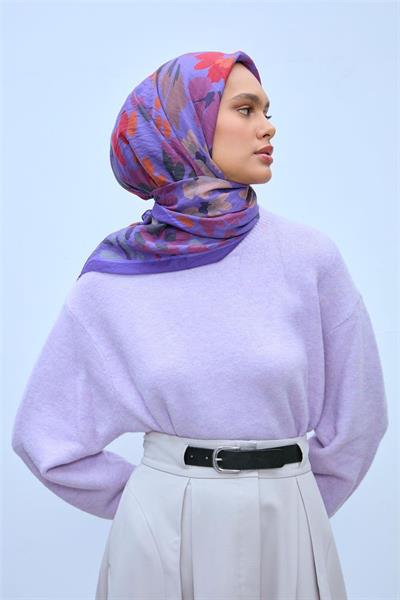 Viskon Velora Karışımlı Eşarp Mor-Turuncu Tonlu Desenli Tok Duruşlu 90x90