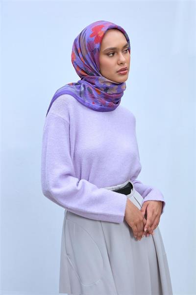 Viskon Velora Karışımlı Eşarp Mor-Turuncu Tonlu Desenli Tok Duruşlu 90x90