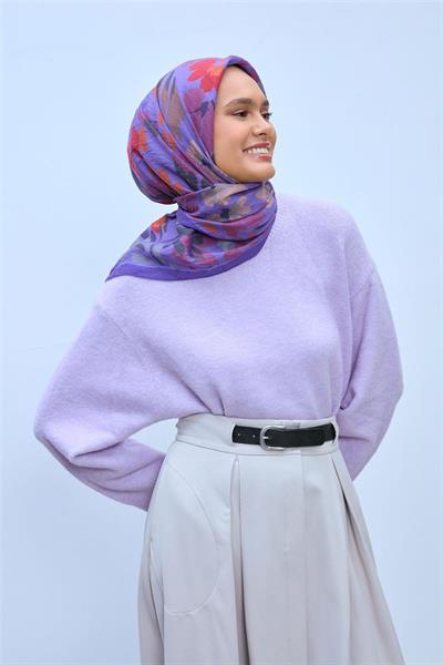 Viskon Velora Karışımlı Eşarp Mor-Turuncu Tonlu Desenli Tok Duruşlu 90x90