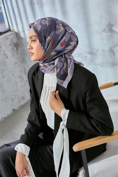 Viskon Velora Karışımlı Eşarp Gri-Mor Tonlu Desenli Tok Duruşlu 90x90