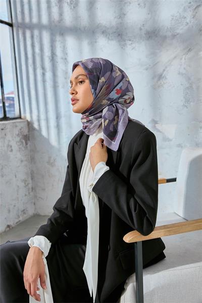 Viskon Velora Karışımlı Eşarp Gri-Mor Tonlu Desenli Tok Duruşlu 90x90