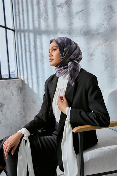 Viskon Velora Karışımlı Eşarp Gri-Mor Tonlu Desenli Tok Duruşlu 90x90