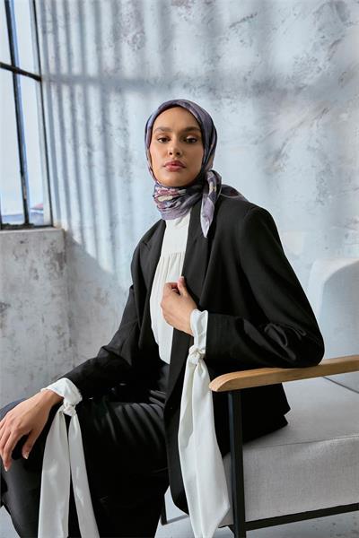 Viskon Velora Karışımlı Eşarp Gri-Mor Tonlu Desenli Tok Duruşlu 90x90