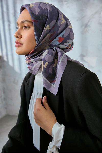 Viskon Velora Karışımlı Eşarp Gri-Mor Tonlu Desenli Tok Duruşlu 90x90