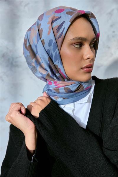 Viskon Velora Karışımlı Eşarp Karolina Mavi-Bebe Mavi Tonlu Desenli Tok Duruşlu 90x90