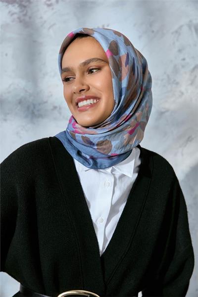 Viskon Velora Karışımlı Eşarp Karolina Mavi-Bebe Mavi Tonlu Desenli Tok Duruşlu 90x90