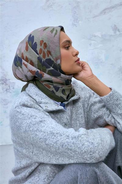 Viskon Velora Karışımlı Eşarp Yeşil-Taş Tonlu Desenli Tok Duruşlu 90x90