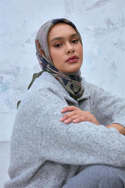 Viskon Velora Karışımlı Eşarp Yeşil-Taş Tonlu Desenli Tok Duruşlu 90x90