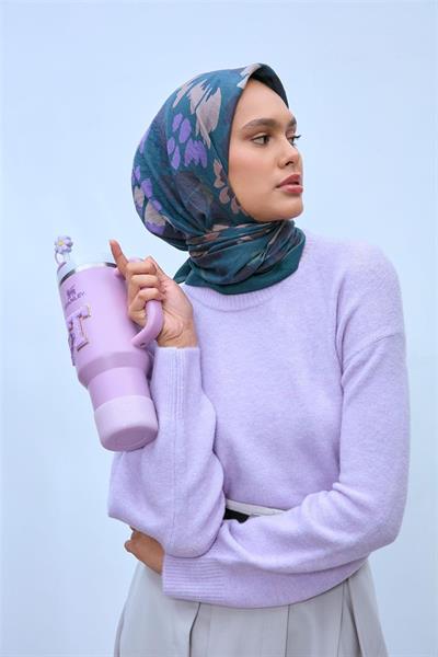 Viskon Velora Karışımlı Eşarp Petrol Yeşili-Lacivert Tonlu Desenli Tok Duruşlu 90x90