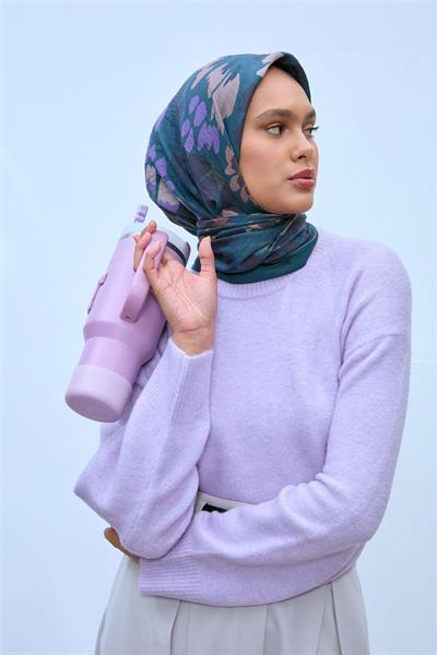 Viskon Velora Karışımlı Eşarp Petrol Yeşili-Lacivert Tonlu Desenli Tok Duruşlu 90x90