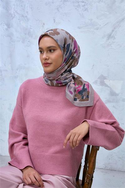 Viskon Velora Karışımlı Eşarp Kum Beji-Bej Pembe Tonlu Desenli Tok Duruşlu 90x90